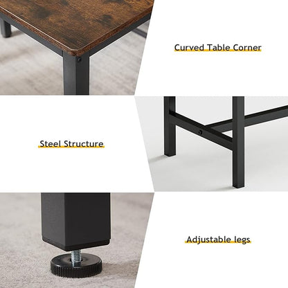 Rovibek Dining Room Table Bench Set for 4, Modern Space Saving Kitchen Table with with 2 Upholstered Benches & Adjustable Feet, Wooden Breakfast Table, 43", Brown