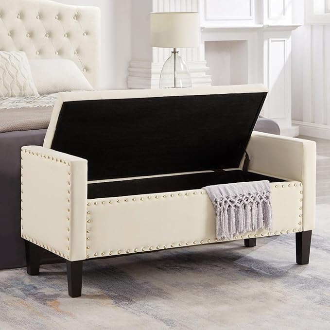24KF Velvet Modern Upholstered Tufted Button Storage Bench with Arms for Bedroom,Entryway Living Room Soft Padded Seat-Cream