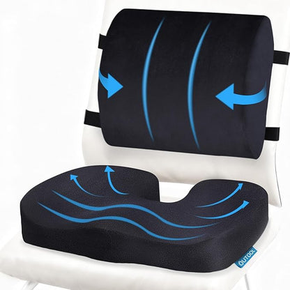 QUTOOL Seat Cushion and Lumbar Support Set for Office Chair – Supports Lower Back & Hips for Long Sitting Comfort, Helps Maintain a Comfortable Sitting Position, Ergonomic Memory Foam, Washable Cover