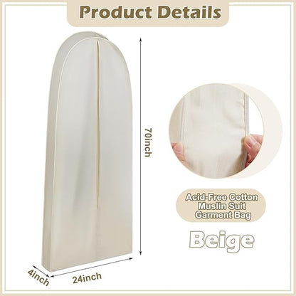 70 Inch Acid Free Cotton Muslin Suit Garment Bag Long Dress Suit Storage Box Closet Organizer for Suits, Coats, Travel Bag