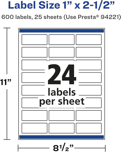 Avery Glossy White Rectangle Labels, Sure Feed Technology, 1" x 2.5", 600 Glossy White Labels, Permanent Adhesive, Laser/Inkjet Printable