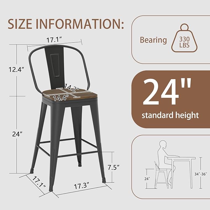 24” Swivel Bar Stools Set of 4, Counter Height Bar Stools Wooden Seat, Metal Industrial Bar Chairs with High Back for Kitchen Island (Black)