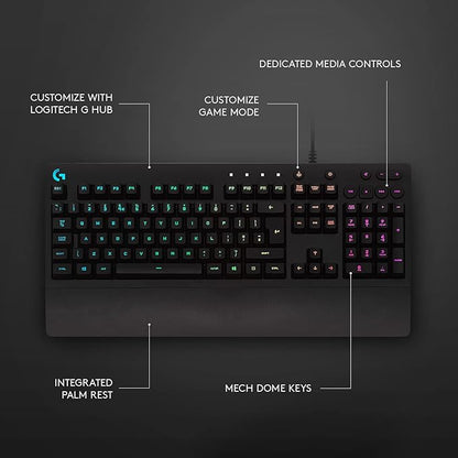 Logitech G213 Prodigy Gaming Keyboard - Wired RGB Backlit Keyboard with Mech-Dome Keys, Palm Rest, Adjustable Feet, Media Controls, USB, Compatible with Windows – Black