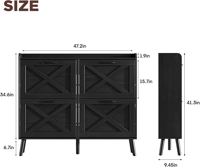 Maupvit Large Shoe Storage Cabinet with 4 Flip Drawers, Narrow Shoe Cabinet for Entryway with Wooden Legs, Freestanding Hidden Shoe Rack Organizer ＆ Metal Hinges, Black
