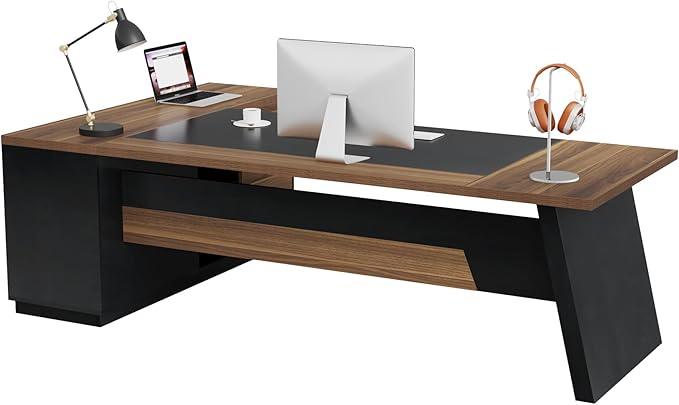 Tribesigns 78" L-Shaped Executive Desk, Large Modern Office Desk with Drawers and File Cabinet, Business Furniture with Storage Shelves, Big Computer Desk for Home Office (Light Walnut + Black)
