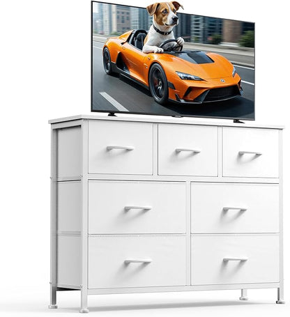 DUMOS TV Stand Dresser for Living Room Bedroom with 7 Fabric Drawer, Entertainment Center Chest Storage Organizer Units for Clothing, Closet, Cabinet, Living Room Furniture, White