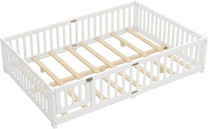 Queen Size Floor Bed Frame with Slats and Safety Guardrail, Wood Queen Size Montessori Floor Bed with Door and Fence, Easy Assemble Montessori Beds for Kids, Girls, Boys, White