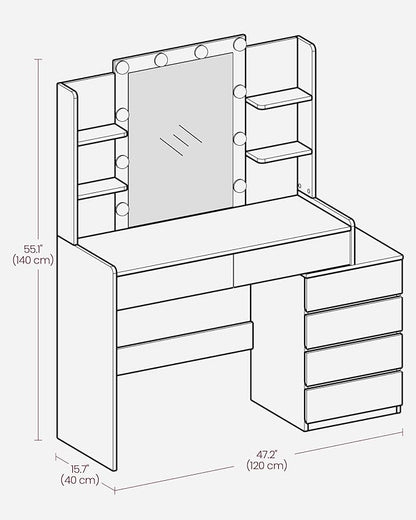 VASAGLE Vanity Desk with Mirror and LED Lights, Makeup Vanity with 6 Drawers, Vanity Table with 4 Open Shelves, 10 Dimmable LED Lights, for Bedroom, Dressing Room, Modern, Ebony Black URDT122B01
