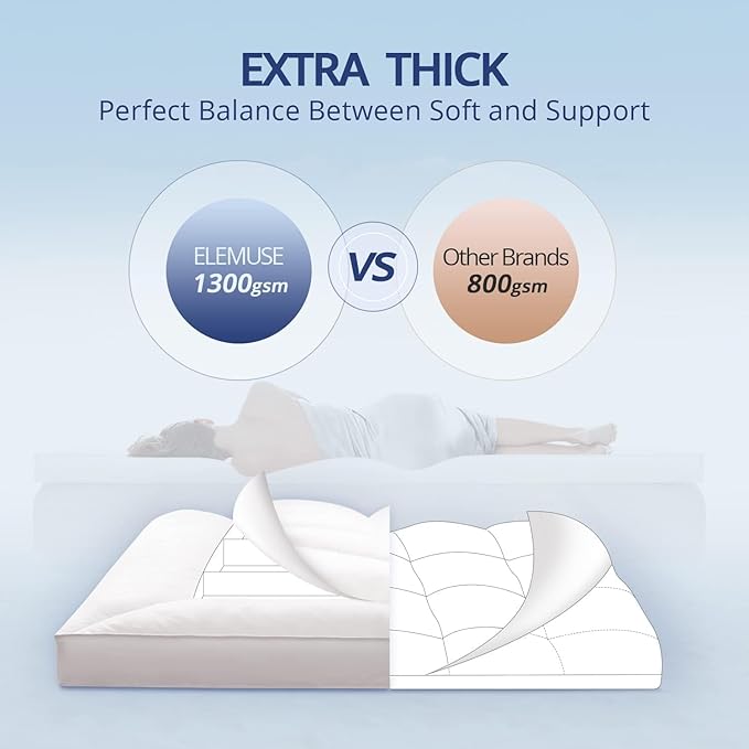 ELEMUSE 1300 GSM Overfilled Mattress Topper Queen with Baffle Box Design,Extra Thick Cooling Pillow Top Pad, 400TC Cotton Cover, Plush & Support Snow Down Alternative, White