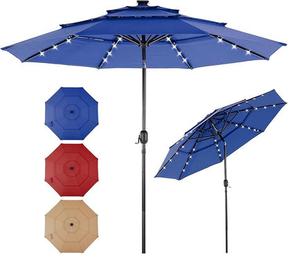 DUMOS 10FT 3 Tier Patio Umbrella with 32 LED Lights, Outdoor Patio Umbrella with Crank, Table Umbrellas 8 Sturdy Ribs for Pool, Market, Terrace, Beach, Outdoor Restaurant, Blue