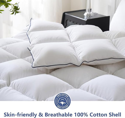 DOWNCOOL Feather Comforter Oversized King Size, Ultra Soft Fluffy Duvet Insert with 100% Cotton Cover, All Season Luxurious Hotel Bedding Comforters with Corner Tabs, White 116"x98"