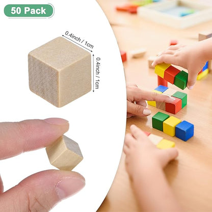 50-Pack DIY Wooden Cube, 0.4 Inch(1 Cm) Colored Natural Wood Blocks for Crafts Making Puzzle Games/Wedding/Home Decor/Dice/Building, Square Blank Block [Natural Tone]