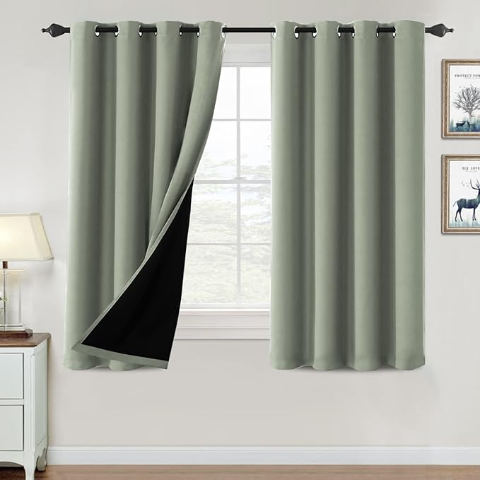 H.VERSAILTEX 100% Blackout Curtains for Bedroom Thermal Insulated Blackout Curtains 54 inch Length Heat and Full Light Blocking Curtains for Living Room with Black Liner 2 Panels Set, Light Sage
