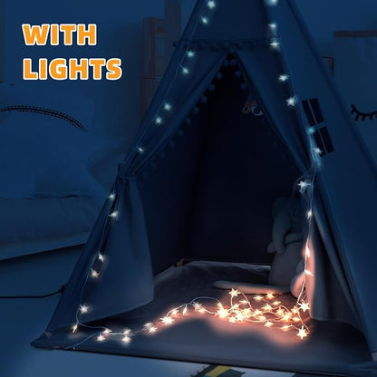 Teepee Tent for Kids with Mat, Star Lights, Carry Case, Cotton Canvas Playhouse, Foldable Tents, Portable Children Play Tent Indoor Outdoor(Grey)