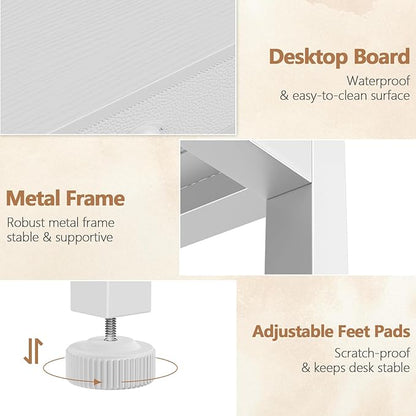 Furologee White Small Computer Desk with 2 Fabric Drawers for Bedroom,34 Inch Simple Home Office Writing Desk, Vanity Desk with Hooks, Study Table for Adults Student Small Spaces