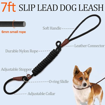 MayPaw Slip Lead Control Leash for Dogs No Pull, 13+ Colors Classic Dog Lead 7 FT Pet Slip Leash, 1/4” Rope Leashes for Small Medium Animals (7ft*1/4", Black)