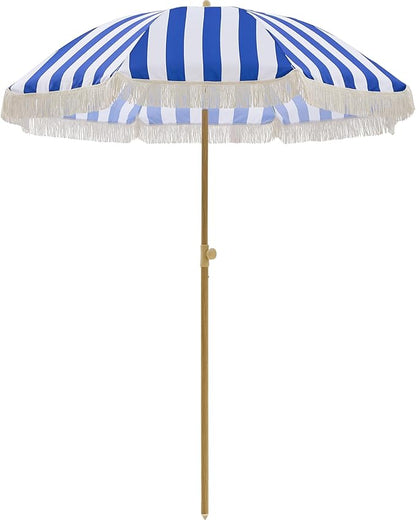6.5FT Boho Patio Umberlla with Fringe,UPF50+ Outdoor Umbrella with Fiberglass Ribs and Push Button Tilt,Tassels Umbrella for Beach,Terrace,Picnic