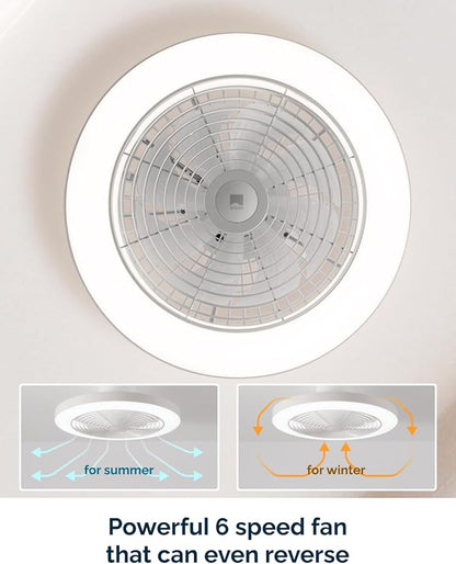 Orison Smart Bladeless Low Profile Ceiling Fan with LED-RGB Ambient Lighting Compatible with Alexa/Google Assistant/App Control, 6-Speed Color Change, Quiet Operation with Remote &App,19.7" (White)