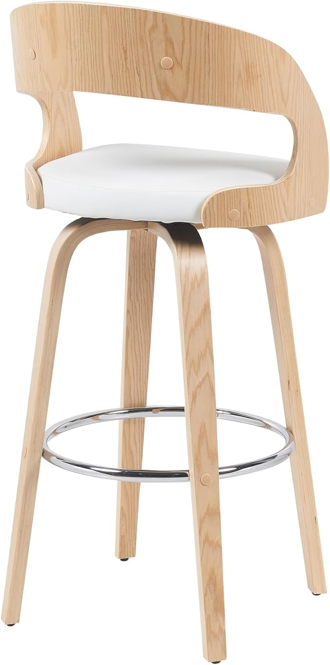 Shelly Modern Bar Height Swivel Stool in Patterned Oak Finish with White Faux Leather Upholstered Seat Set of 4