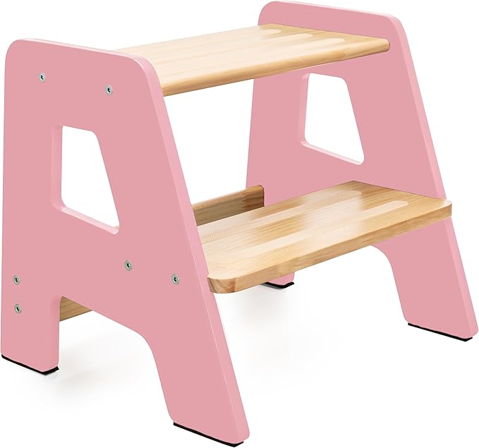 2-Step Wooden Step Stool for Toddlers | Kids Stool for Bathroom Sink & Kitchen Use | Non-Slip Step | Wooden Stool for Children Ages 2+ Years Pink