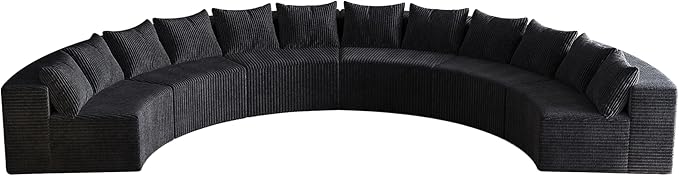 KEIKI Corduroy Curved Sectional Sofa, 6 Seater Symmetrical Modular Semi Circular Couch, Deep Seat Tufted Corner Sofa for Living Room, Lobby, Black