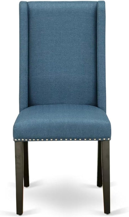 NKFL9-SBB-21-9-Piece Kitchen Table Set Consists of a Wooden Table and 8 Mineral Blue Linen Fabric Parson Chairs with Padded Chair Back - Sand Blasting Black Finish.