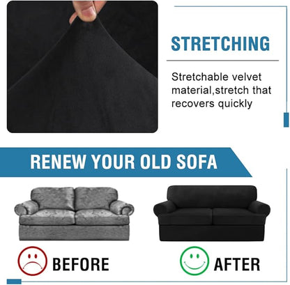 H.VERSAILTEX Sofa Cover 3 Piece T Cushion Loveseat Slipcovers Thick Velvet Couch Cover Furniture Protector Stretch T Cushion Sofa Covers for 2 Cushion Couch with 2 Individual T Cushion Covers, Black