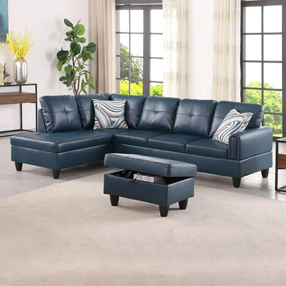 Denim L-Shaped 3-Piece Faux Leather Sofa with Storage Ottoman Set, Sectional Couch Sofa Set for Living Room, Office, Small Space