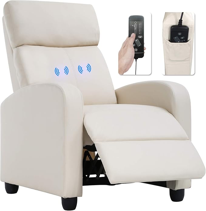 BestMassage | Recliner Chair | with 2 Point Massage Function | Pu Beige | with Lumbar Support, Adjustable Push Back, Footrest & Padded Seat | Easy Assembly | for Living Room, Home Theatre