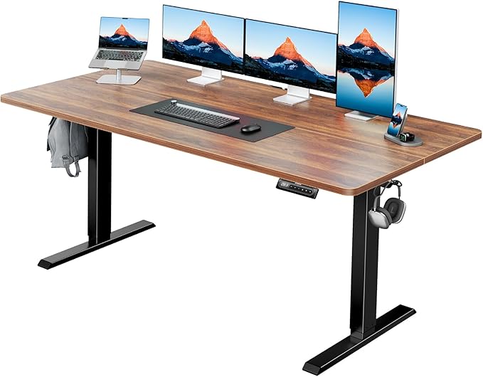 HUANUO 55" x 28" Electric Standing Desk Adjustable Height, 4 Memory Height Settings, Headphone Hook, Cable Manager, Sit Stand Up Desk for Home Office & Computer Workstation, Walnut