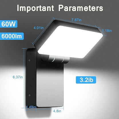 Juyace 60W Led Outdoor Wall Park Flood Light Modern Exterior Security Lighting Fixture for House with Rotate Freely 6000lm 5000k IP65 Waterprroof Floodlight for Above Garage