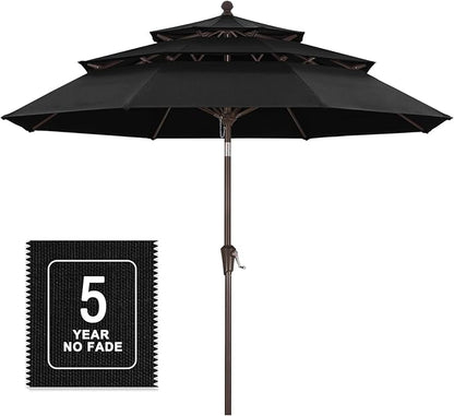 MASTERCANOPY 9ft 3-Tier Olefin Patio Umbrella with Tilt Crank, 5-Year-Non-Fading Canopy & 8 Fiberglass Ribs for Deck, Patio, and Garden, Black