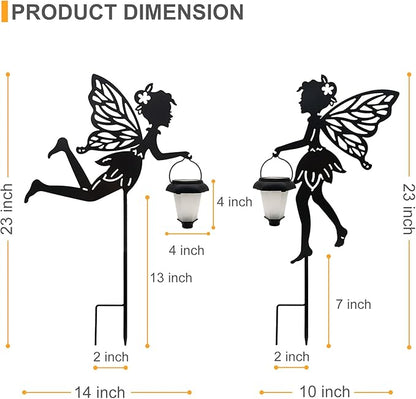 Solar Fairy Garden Stake Decorative Lantern, 2 Pack Metal Fairy Angel Garden Silhouette Lights for Lawn, Pathway, Patio, Yard Outdoor Decor