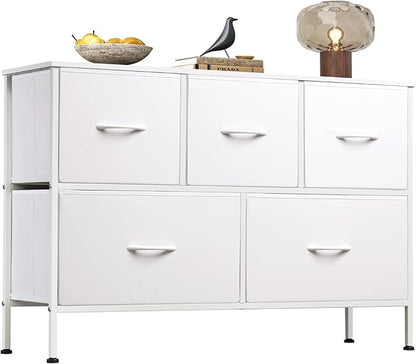 WLIVE White Dresser for Bedroom with 5 Drawers, Chest of Drawers, Fabric Small Dresser with Drawer Organizers, Storage Organizer Unit for Hallway, Entryway, Closets
