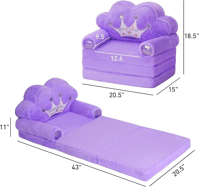 MOONBEEKI Toddler Chair Comfy，Foldable Princess Couch for Girl, Toddler Recliners for Kids Over 18 Months, Kids Sofa Bed Fold Out(Purple)