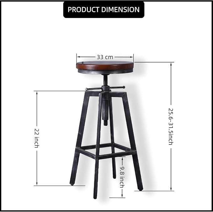 Set of 2 Industrial Bar Stools 25.6-30.5inch Counter Bar Height Adjustable Swivel Wooden Seat Kitchen Dining Chairs