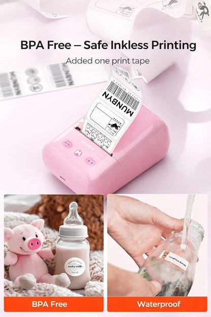 MUNBYN 5-in-1 Label Maker Machine – Bluetooth Thermal Label Printer for Stickers & Barcodes, App-Connected, Multiple Templates, No Subscription, Portable for Small Business, Home&Crafts, Pink