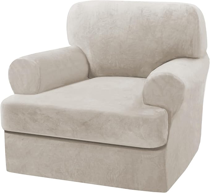 H.VERSAILTEX Sofa Cover 2 Piece T Cushion Armchair Slipcovers Thick Velvet Couch Cover Stretch T Cushion Sofa Covers for 1 Cushion Couch with 1 Individual T Cushion Covers, French Oak