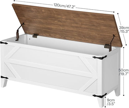 HOOBRO 47.2" Toy Box, Storage Chest with Safety Hinges, Toy Chest Storage, Wooden Storage Bench for Bedroom, Living Room, White and Walnut WH16CW01
