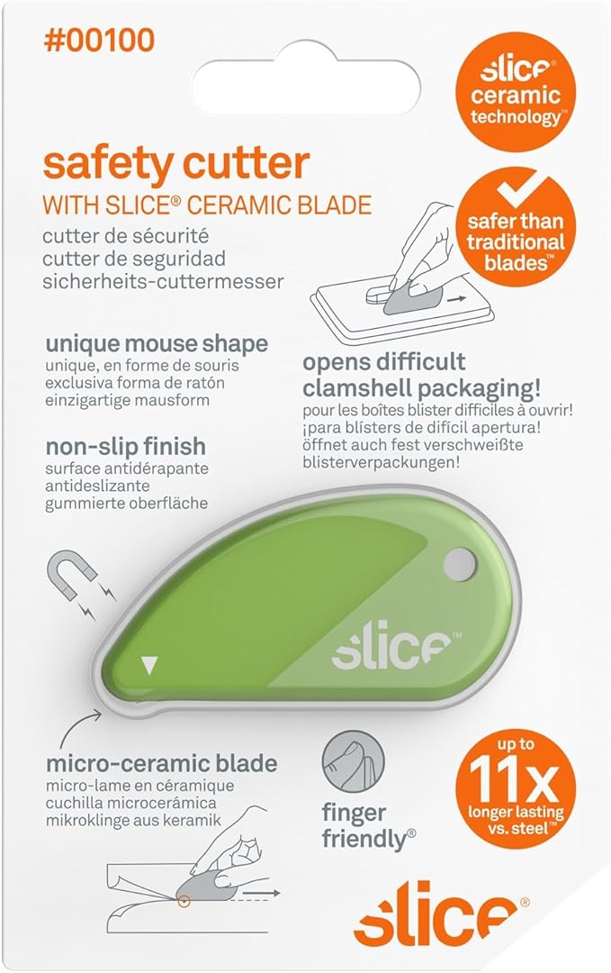 Slice 00100 Ceramic Blade Safety Cutter, Opens Clamshell Packaging, Coupon Cutter, Trim Photos, Scrapbooking, Fits Keychain, Green
