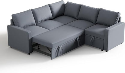 Sleeper Sofa Bed, Modular Sectional Couch with Pull Out Bed, L Shaped Sectional Convertible SofaBed with Storage Seat, for Living Room Apartment Bedroom Office Gray Linen