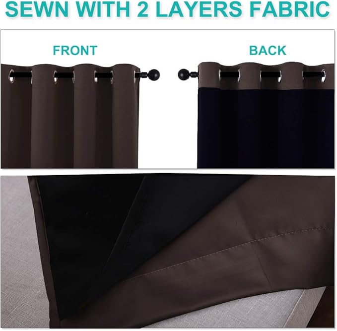 NICETOWN Complete 100% Blackout Curtain, Thermal Insulated & Energy Efficiency Window Drapery with Black Liner, Noise Reducing Short Curtain for Kids Room (Brown, 52-inch W by 63-inch L, 1 Panel)