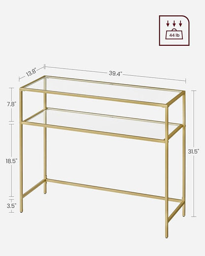 VASAGLE 39.4 Inch Console Sofa Table, Modern Entryway Table, Tempered Glass Table, Metal Frame, 2 Shelves, Adjustable Feet, for Living Room, Hallway, Gold Color ULGT025A01