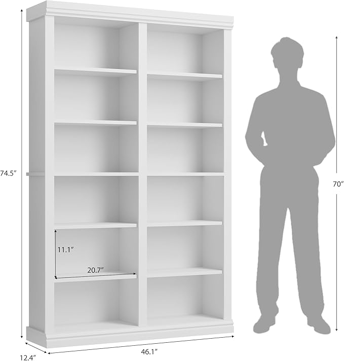 74.5" Tall Bookshelf with Double Storage, Extra Large Bookshelf, 6-Tier Double Wide Bookshelves w/ 12 Cubbies, Wide Freestanding Bookcases for Livingroom Office Library (White)