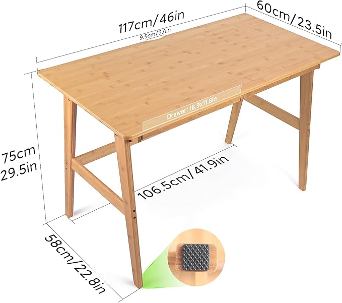 Nnewvante Writing Computer Desk 46" Bamboo Home Office Table with 2 Drawers, Modern Furniture Simple Study Makeup Workstation