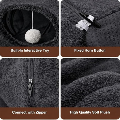 R1M Cat Tunnel Bed for Indoor Cats, Cute Cat Donut Tunnel Toys for Small, Larger Cats with Two Fish Cat Toys, Round Pet Peekaboo Cave Toy for Kitten, Dark Grey