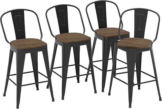 24” Swivel Bar Stools Set of 4, Counter Height Bar Stools Wooden Seat, Metal Industrial Bar Chairs with High Back for Kitchen Island (Black)