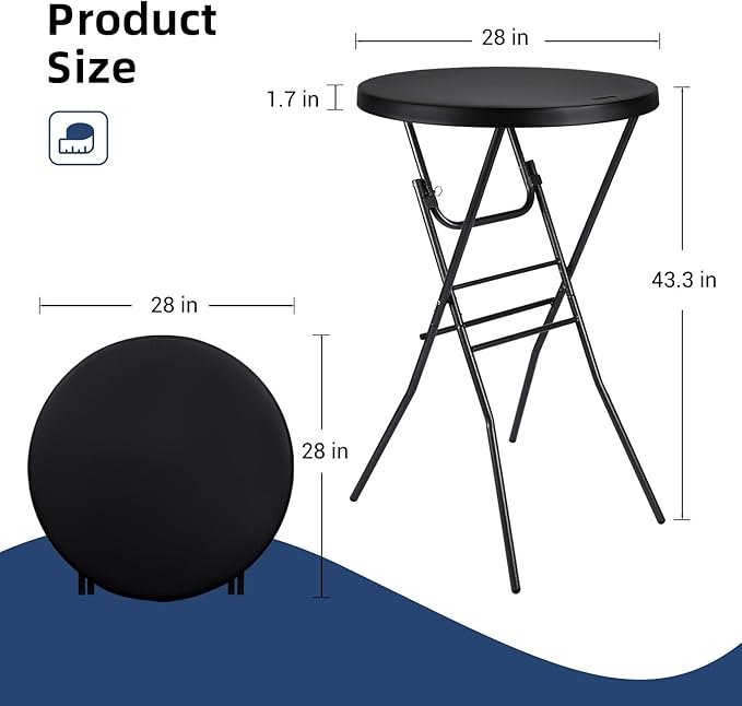 Cocktail Table 28in High Top Round Folding Indoor Outdoor, Plastic Bar Height Foldable Bistro Tall Table for Party, Patio, Dining Room, Kitchen, Events, Removable Locking Legs, Black