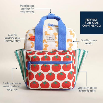 Itzy Ritzy Toddler Backpack - Daycare Bag - Features Adjustable Shoulder Straps, 2 Side Pockets & Spacious Interior with Wipeable Fabric Lining & Name Label, Pasta