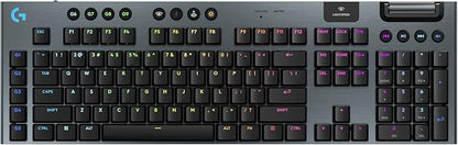Logitech G915 X Lightspeed Low-Profile Wireless Gaming Keyboard, Double-Shot PBT Keycaps, Fully Programmable Keys, RGB Backlighting, Sleek Aluminum Finishing, GL Blue Clicky Switches - PC/Mac - Black